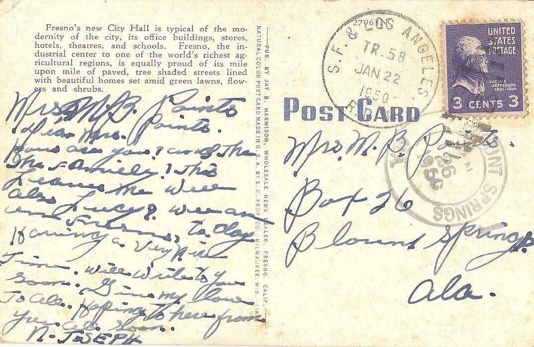 Postcard to Maggie Bell in Blount Springs, 1950